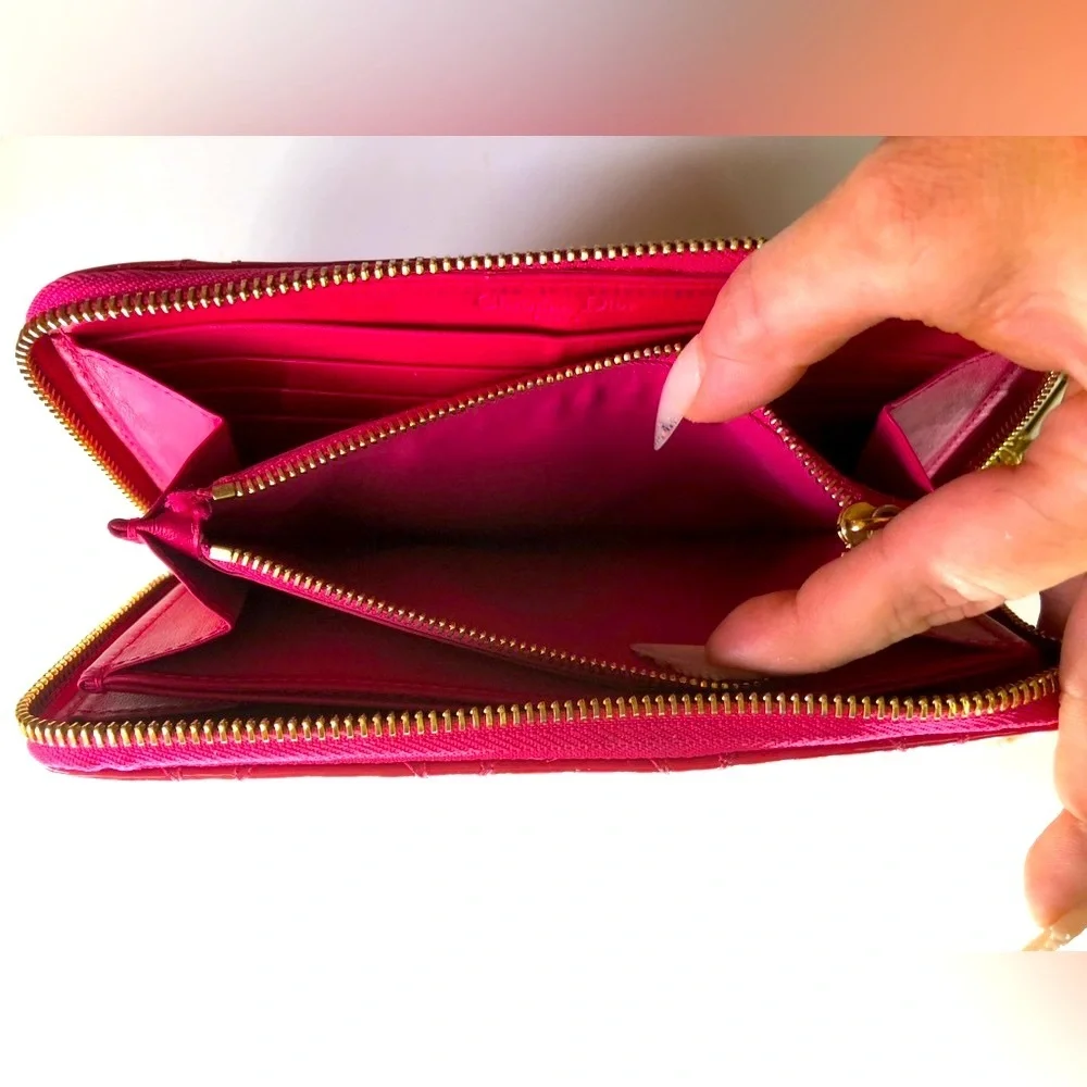 🩷 Lady DIOR Christian Dior Cannage Pink Patent Leather Long Zippy Wallet Charm